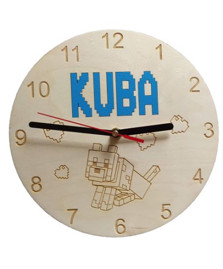 Drewniany zegar z imieniem dziecka kolorowy prezent ozdoba do pokoju dziecięcego.