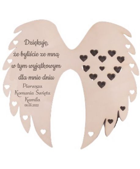 Drewniane  skrzydła skrzydełka z tekstem ażurowe do anioła z makramy baza podziękowanie dla gości komunijnych, chrzest