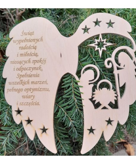 Drewniane  skrzydła na Boże Narodzenie skrzydełka z tekstem ażurowe do anioła z makramy baza świąteczne z reniferem