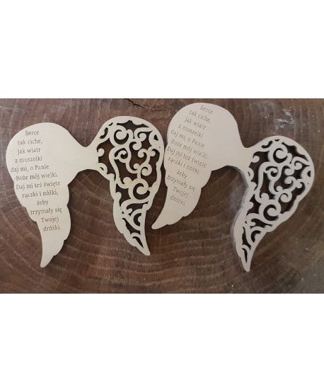 Drewniane  skrzydła skrzydełka mini małe z tekstem personalizowane ażurowe do anioła z makramy