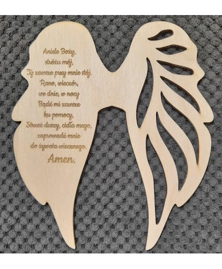 Drewniane  skrzydła skrzydełka z modlitwą Aniele Boży tekstem ażurowe do anioła z makramy baza