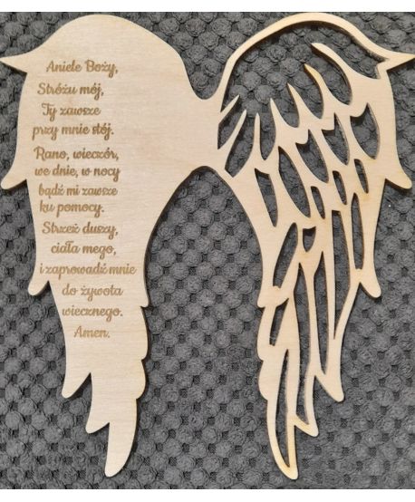 Drewniane  skrzydła skrzydełka z modlitwą Aniele Boży tekstem ażurowe do anioła z makramy baza