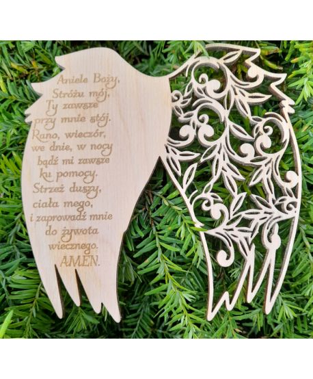 Drewniane  skrzydła skrzydełka z modlitwą Aniele Boży 12cm 15 cm tekstem ażurowe do anioła z makramy baza
