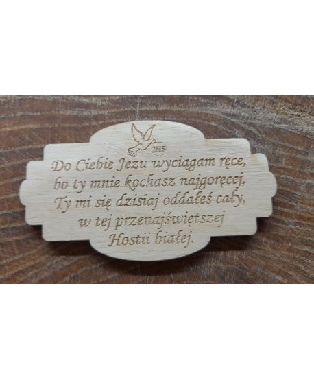 Drewniana tabliczka komunijna cytat Do Ciebie Jezu wyciągam modlitwa mała 4cm do ramki aniołka makrama