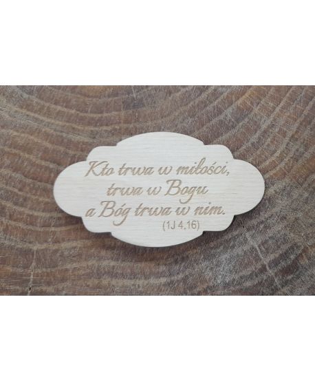 Drewniana tabliczka komunijna cytat Kto trwa w miłości modlitwa mała 4cm do ramki aniołka makrama