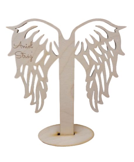 Drewniane skrzydła skrzydełka na podstawce  napisem Anioł Stróż napis stojak do aniołka ze sznurka makrama