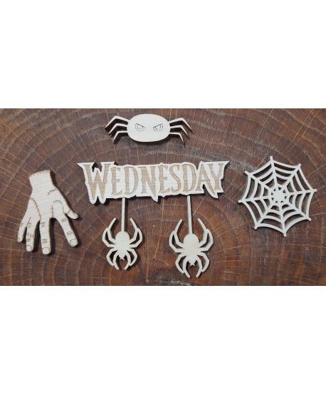 Drewniany zestaw WEDNESDAY napis Ręka rączka Addams pajęczyna pająk