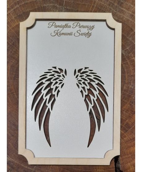 Drewniana tabliczka baza ramka do aniołka ze skrzydełkami makrama Pamiątka Pierwszej Komunii Świętej personalizowana