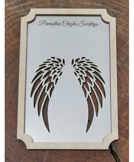 Drewniana tabliczka baza ramka do aniołka ze skrzydełkami makrama Pamiątka Chrztu Świętego + imię personalizowana