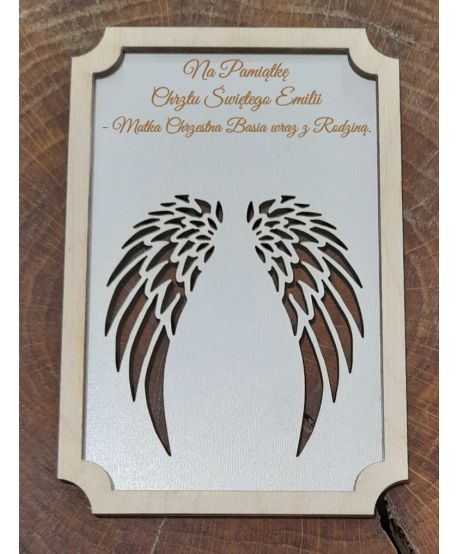 Drewniana tabliczka 20cm x 15cm baza ramka do aniołka ze skrzydełkami makrama Pamiątka Bierzmowania + imię personalizowana