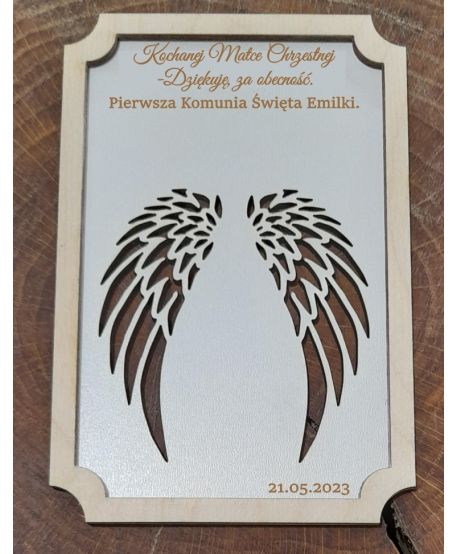 Biała tabliczka 20cm x 15cm baza ramka do aniołka ze skrzydełkami makrama Podziękowanie dla Matki Ojca Chrzestnej