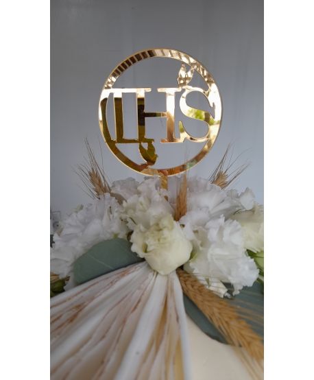 Topper dekoracja złoty IHS lustro lustrzany plexi na tort komunijny IHS komunijna