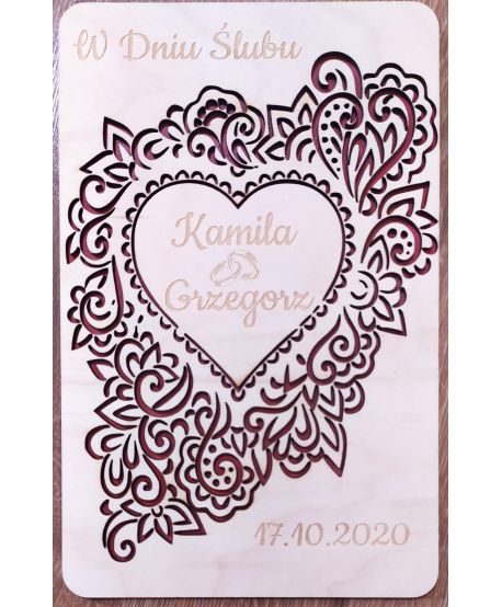 Drewniana kartka ŚLUBNA na ślub z personalizowanymi życzeniami PREZENT UPOMINEK na ślub na pieniądze