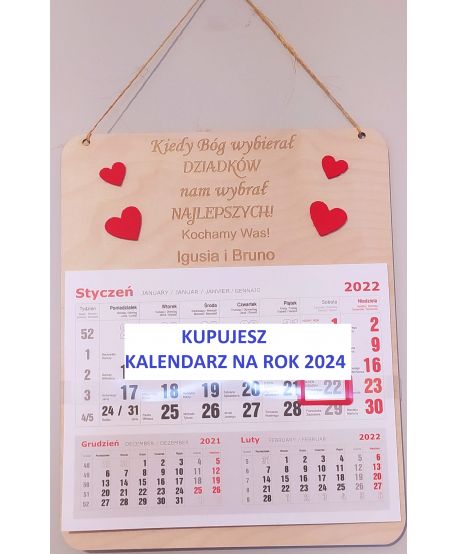 Kalendarz ścienny ze zdjęciem prezent upominek na Dzień Babci i Dziadka z grawerem personalizowany 2024