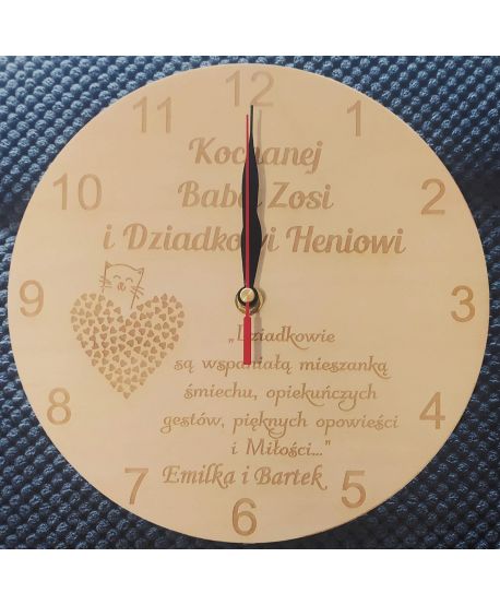 Drewniany zegar grawerowany z życzeniami prezent na Dzień Babci Dziadka - pamiątka, upominek, Święto Dziadków