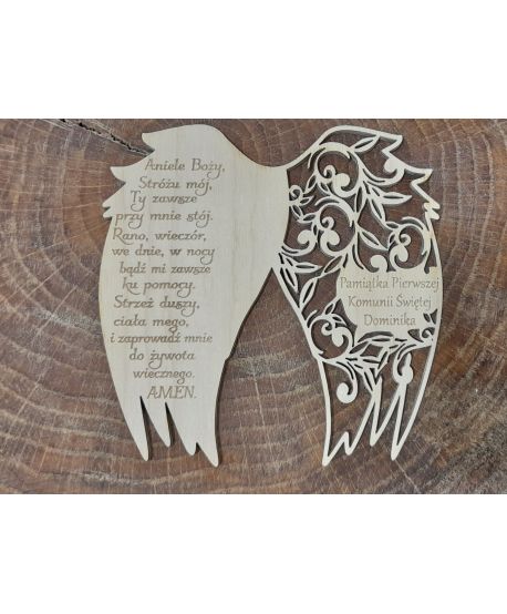 Drewniane  skrzydła skrzydełka z modlitwą Aniele Boży napisem Pamiątka Pierwszej Komunii imię życzenia