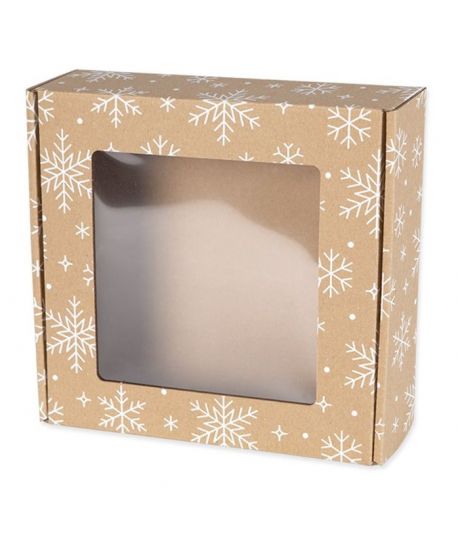 Karton fasonowy klapowy 20 cm x 20 cm x 5 cm z okienkiem śnieżynki świąteczny
