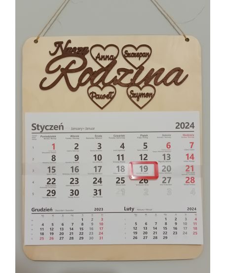 Kalendarz rodzinny Nasza Rodzina imiona ścienny prezent upominek  z grawerem personalizowany 2024