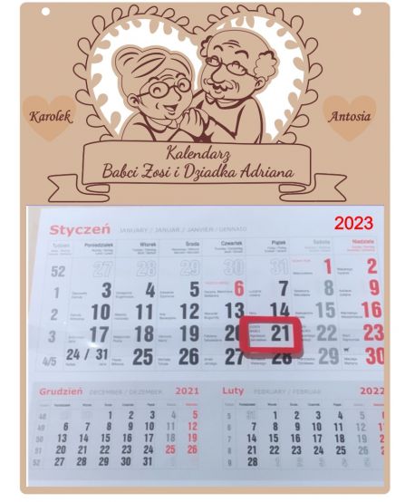 Kalendarz ścienny 2024 prezent upominek na Dzień Babci i Dziadka z grawerem personalizowany 2024