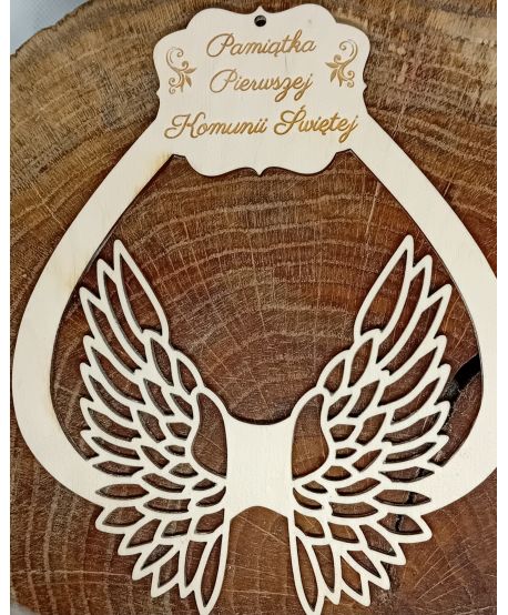 Obręcz Drewniana ze skrzydełkami Pamiątka Pierwszej Komunii Świętej dowolny napis aniołka anioła z makramy ze sznurka