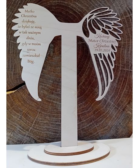 Drewniane skrzydła skrzydełka podstawce Podziękowanie Ojca Matki Chrzestnej komunia stojak do aniołka ze sznurka makrama 18,5cm