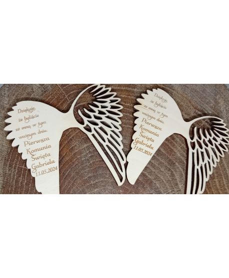 Drewniane  skrzydła skrzydełka mini  tekstem personalizowane ażurowe Matki Ojca Chrzestnego Chrzest Święty