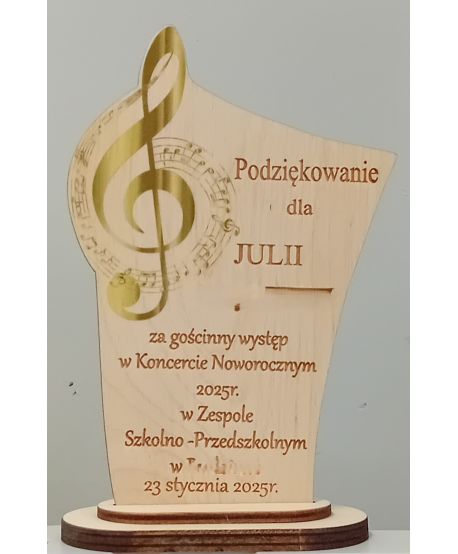 Statuetka Pamiątka Podziękowanie muzyczne złota nuta za udział występ w koncercie zawodach dziecka ucznia przedszkola