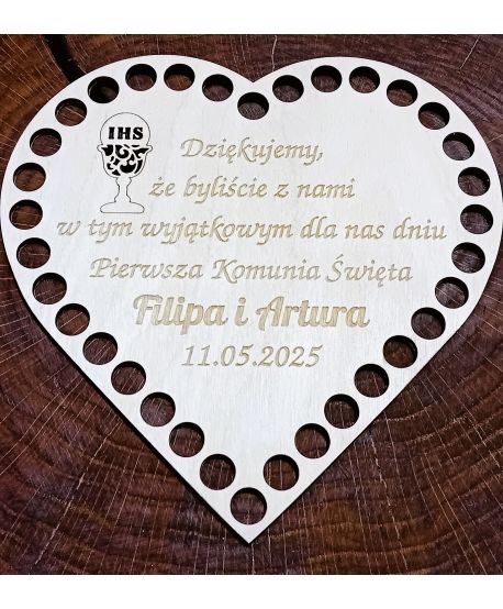 Drewniana baza serce serduszko Podziękowanie komunijne dla gości chrzestnych makrama z grawerem tekstem do koszyka