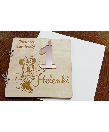 Drewniana Kartka Pierwsze Urodziny Roczek kolorowa z myszką Minnie prezent  z imieniem imię życzenia