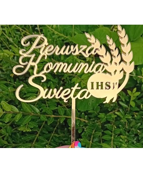 Topper PIK Pierwsza Komunia Świeta źdźbło zboże gałązka dekoracja złoty lustro lustrzany plexi na tort komunijny