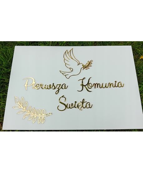 Tablica powitalna Pierwsza Komunia Święta duża 60 cm złote napisy gołąbek