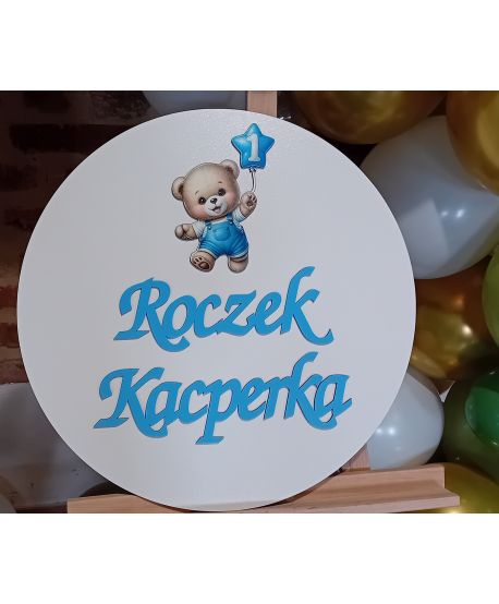 Tablica powitalna na Roczek + imię duża 50 cm miś dekor personalizowana 50 cm kolorowa