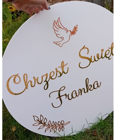 Tablica powitalna okrągła duża 60cm Chrzest Święty + imię złote napisy