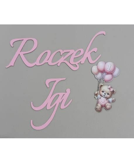Drewniany napis kolorowy różowy Roczek imię MIŚ do ścianki balonowej