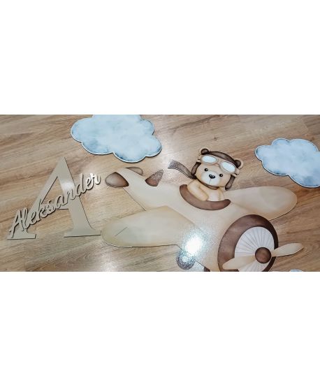 Dekoracjana ściankę na urodziny roczek chrzest miś w samolocie Miś z balonami wysokości 20cm