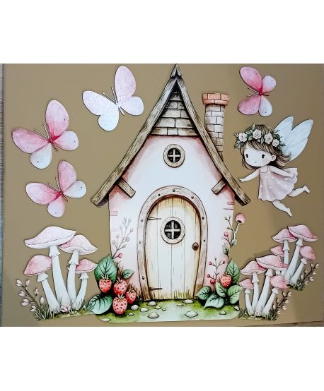 Dekoracja do ścianki domek wróżka motyle grzybki na Roczek urodziny