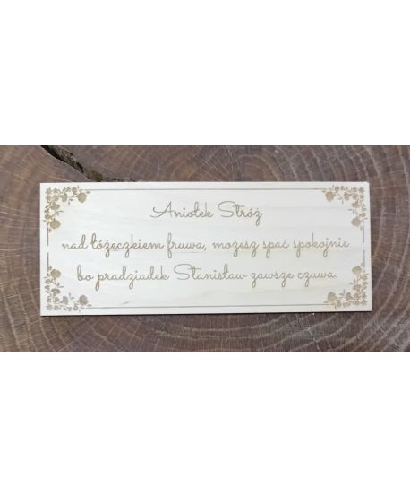 Drewniana tabliczka cytat Anioł Stróż duża 15,5cm x 6 cm do ramki prac z makramy aniołka makrama