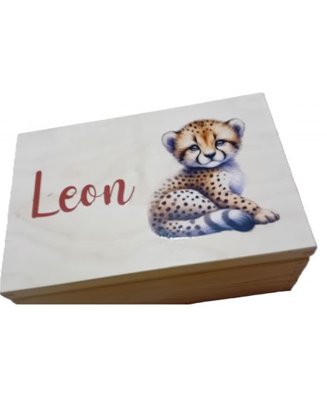 Pudełko wspomnień z lewem tygrysem  kolorowa nadruk pamiątka Chrztu Świętego drewniana skrzynka