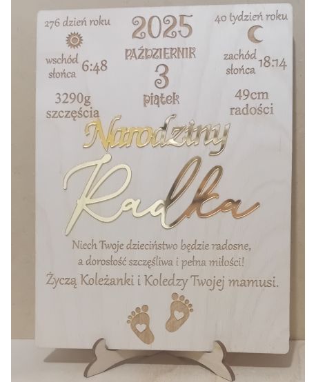 Drewniana kartka okazji narodzin dziecka METRYCZKA imieniem PREZENT CHRZEST