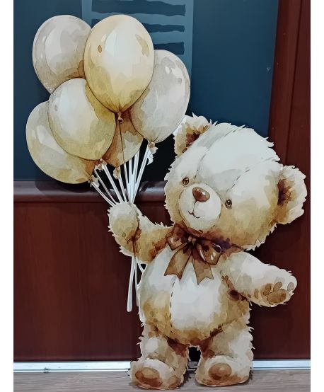 Dekoracja wielkoformatowa brązowy miś z balonami  – ścianka okolicznościowa urodziny roczek chrzest dla dzieci