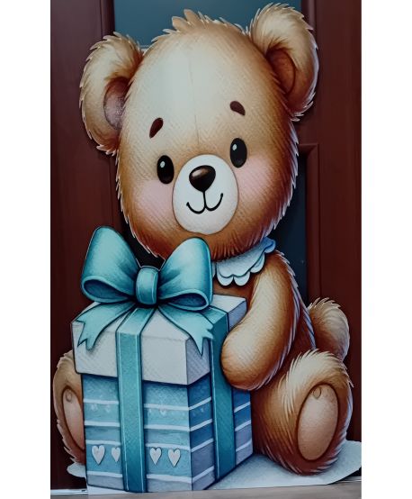 Dekoracja wielkoformatowa niebieski miś z prezentem – ścianka okolicznościowa urodziny roczek chrzest