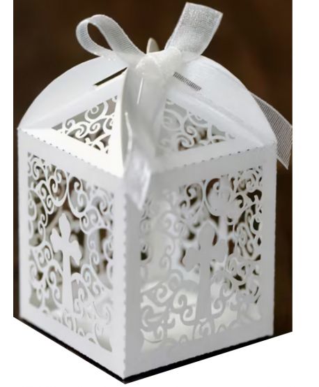 Pudełka komunijne na prezent cukierki dla gości IHS białe z krzyżem 10 sztuk zestaw