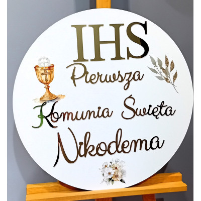 Tablica z dekoram kielichem nadruk IHS komunijna Pierwsza Komunia Święta + imię personalizowana złote napisy