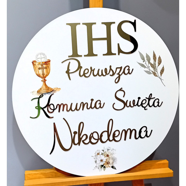 Tablica z dekoram kielichem nadruk IHS komunijna Pierwsza Komunia Święta + imię personalizowana złote napisy
