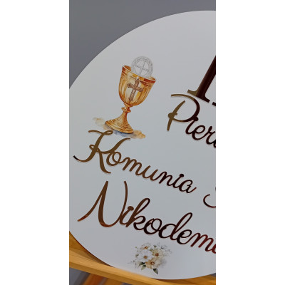 Tablica z dekoram kielichem nadruk IHS komunijna Pierwsza Komunia Święta + imię personalizowana złote napisy
