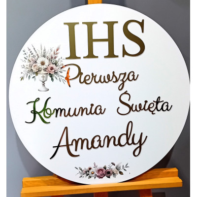 Tablica z dekoram kwiaty nadruk IHS komunijna Pierwsza Komunia Święta + imię personalizowana złote napisy