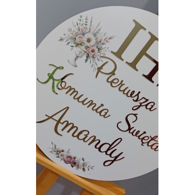 Tablica z dekoram kwiaty nadruk IHS komunijna Pierwsza Komunia Święta + imię personalizowana złote napisy