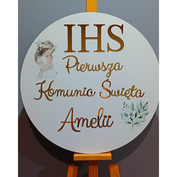 Tablica z dziewczynką komunijną nadruk IHS komunijna Pierwsza Komunia Święta + imię personalizowana złote napisy