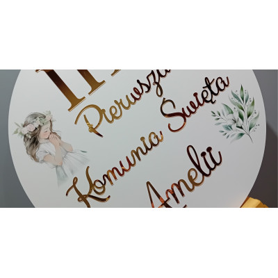 Tablica z dziewczynką komunijną nadruk IHS komunijna Pierwsza Komunia Święta + imię personalizowana złote napisy