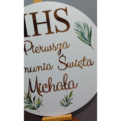 Tablica z gałązką oliwną nadruk IHS komunijna Pierwsza Komunia Święta + imię personalizowana złote napisy